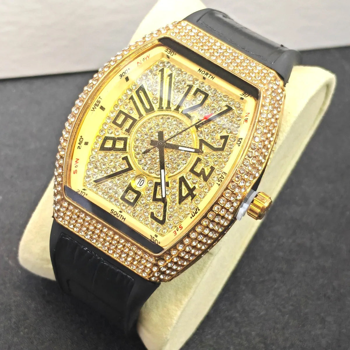 Luxury Iced-Out Men’s Watch – Diamond Dial, Black Strap (Gold, Silver, Rose Gold) | storeapna