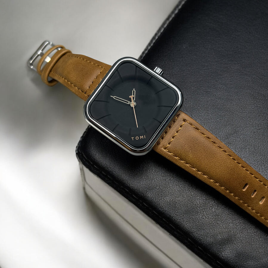 TOMI T-093 Men’s Square Dial Leather Strap Watch – Quartz, Water-Resistant