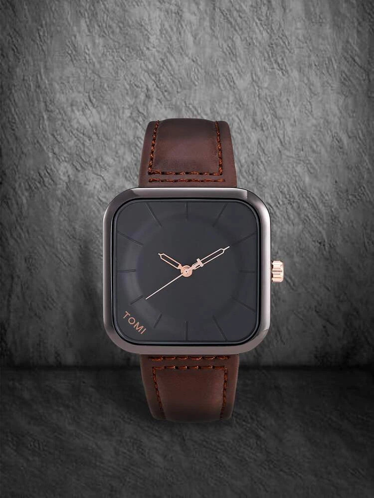 TOMI T-093 Men’s Square Dial Leather Strap Watch – Quartz, Water-Resistant