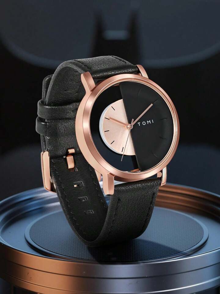 TOMI T-080 Unisex Watch – Half Transparent Dial, Leather Strap, Quartz | storeapna