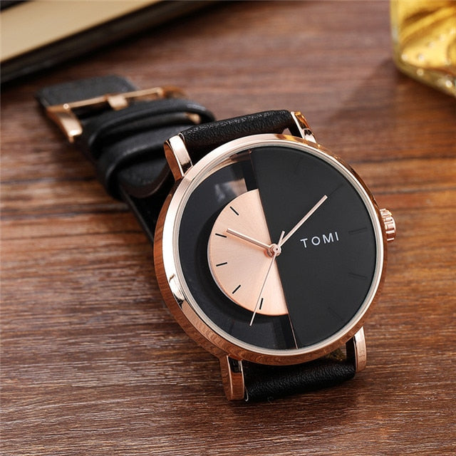 TOMI T-080 Unisex Watch – Half Transparent Dial, Leather Strap, Quartz | storeapna