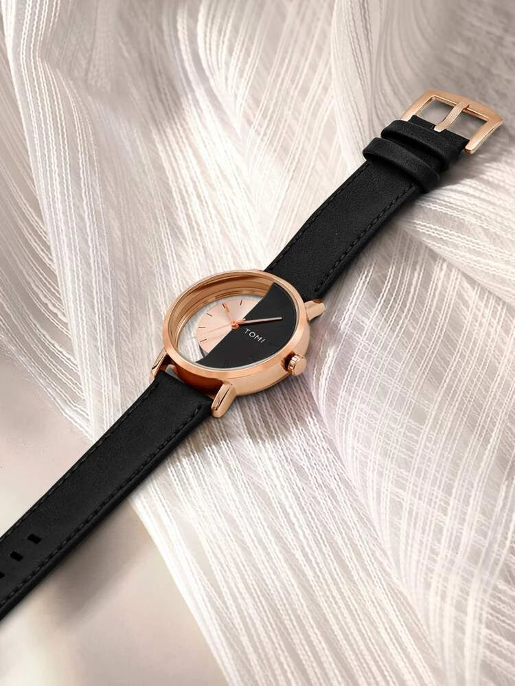 TOMI T-080 Unisex Watch – Half Transparent Dial, Leather Strap, Quartz | storeapna