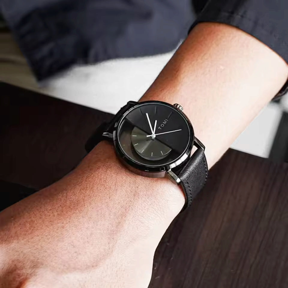 TOMI T-080 Unisex Watch – Half Transparent Dial, Leather Strap, Quartz | storeapna
