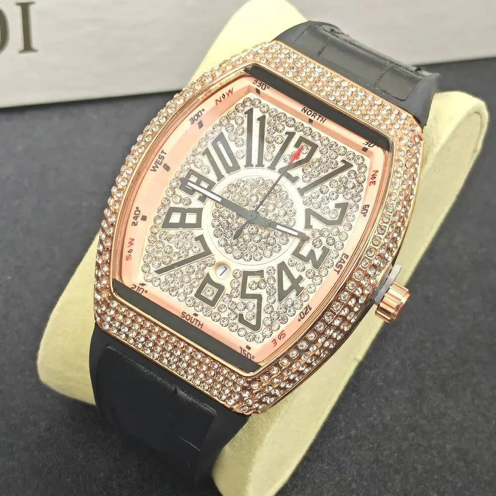 Luxury Iced-Out Men’s Watch – Diamond Dial, Black Strap (Gold, Silver, Rose Gold) | storeapna