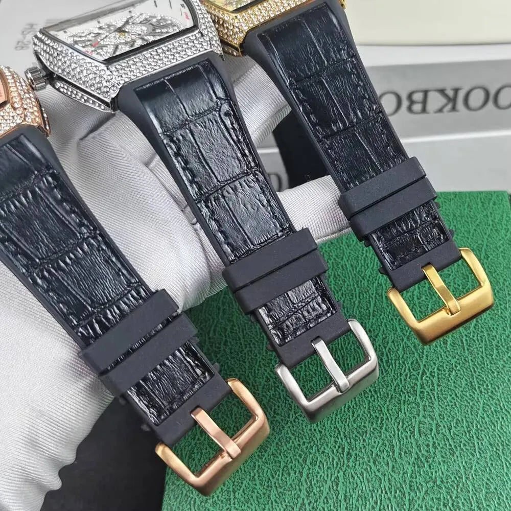 Luxury Iced-Out Men’s Watch – Diamond Dial, Black Strap (Gold, Silver, Rose Gold) | storeapna
