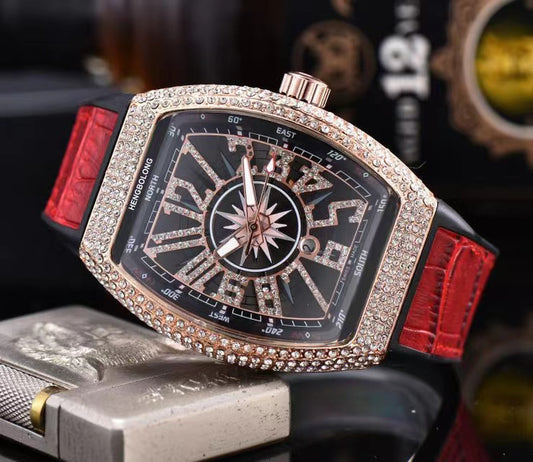 Luxury Iced-Out Men’s Watch – Black Dial, Red Strap | storeapna