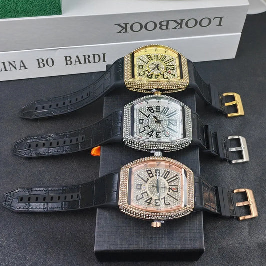 Luxury Iced-Out Men’s Watch – Diamond Dial, Black Strap (Gold, Silver, Rose Gold) | storeapna