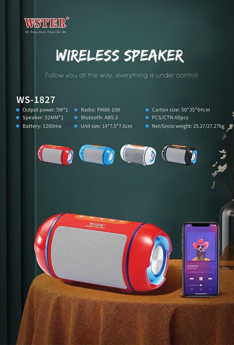 WSTER WS1827 Wireless Speaker – Bass Boost + FM Radio - StoreApna