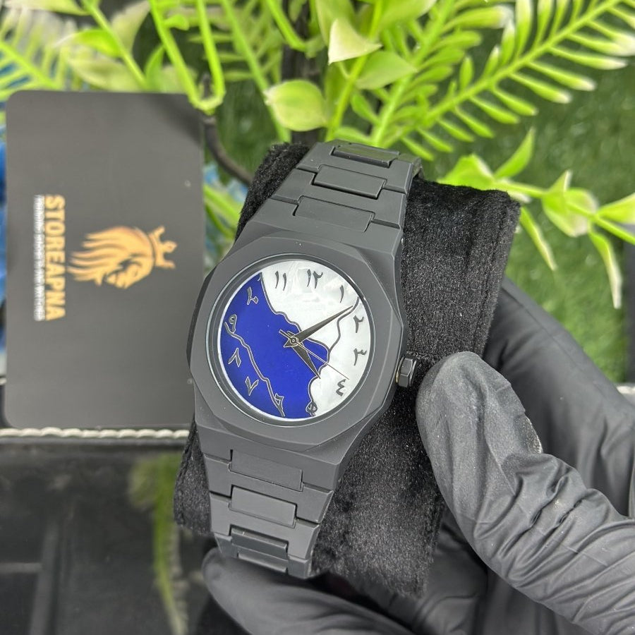 Midnight Arabic Carbon Watch – Luxury Black & Blue Dial Edition - StoreApna
