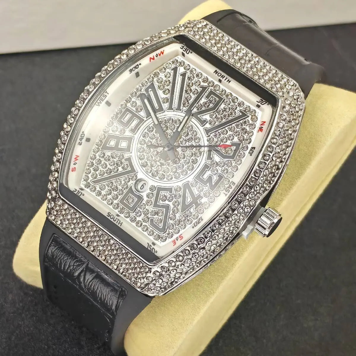Luxury Iced-Out Men’s Watch – Diamond Dial, Black Strap (Gold, Silver, Rose Gold) | storeapna