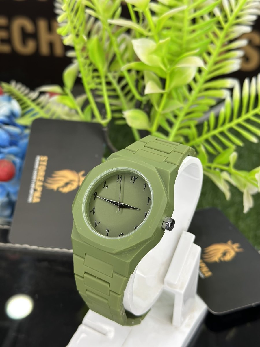 Olive Arabic Minimal Watch – Matte Green Edition | StoreApna Pakistan - StoreApna