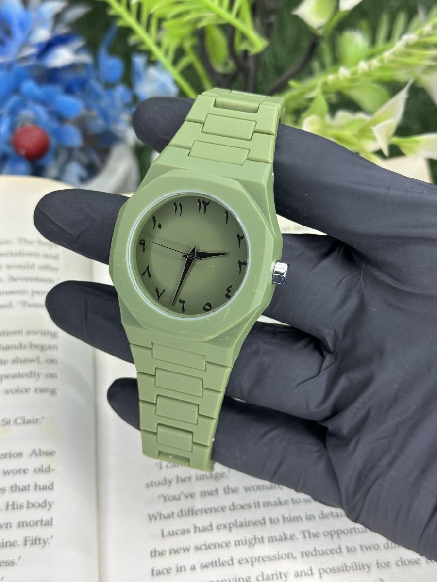 Olive Arabic Minimal Watch – Matte Green Edition | StoreApna Pakistan - StoreApna