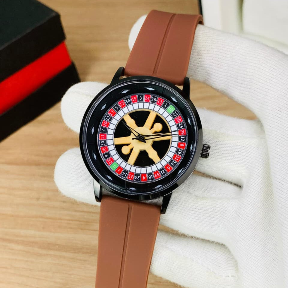 Heyri rotatory casino dial men’s watch with brown silicone strap