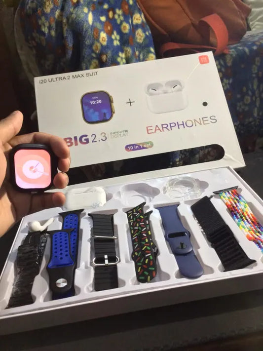 I20 Ultra Max Smartwatch Combo – 10-in-1 with Earbuds & Straps