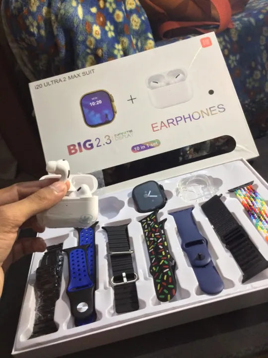I20 Ultra Max Smartwatch Combo – 10-in-1 with Earbuds & Straps
