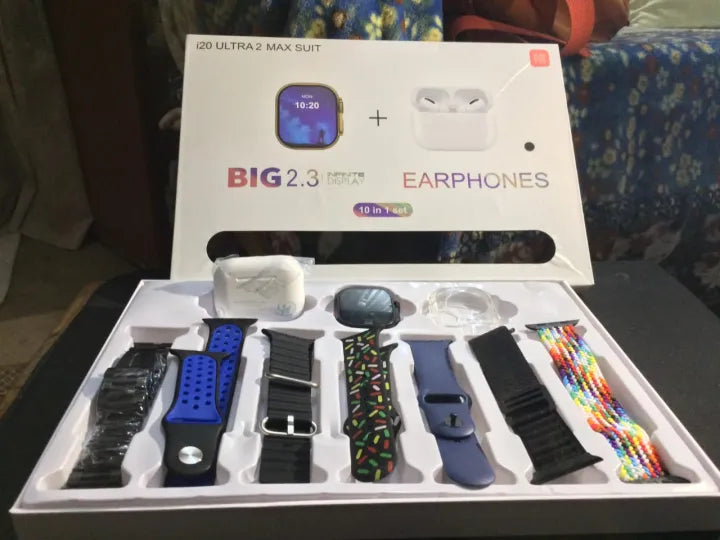 I20 Ultra Max Smartwatch Combo – 10-in-1 with Earbuds & Straps