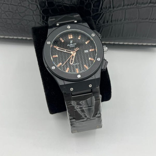Hublot Classic Style – Black Quartz Watch with Rose Gold Accents