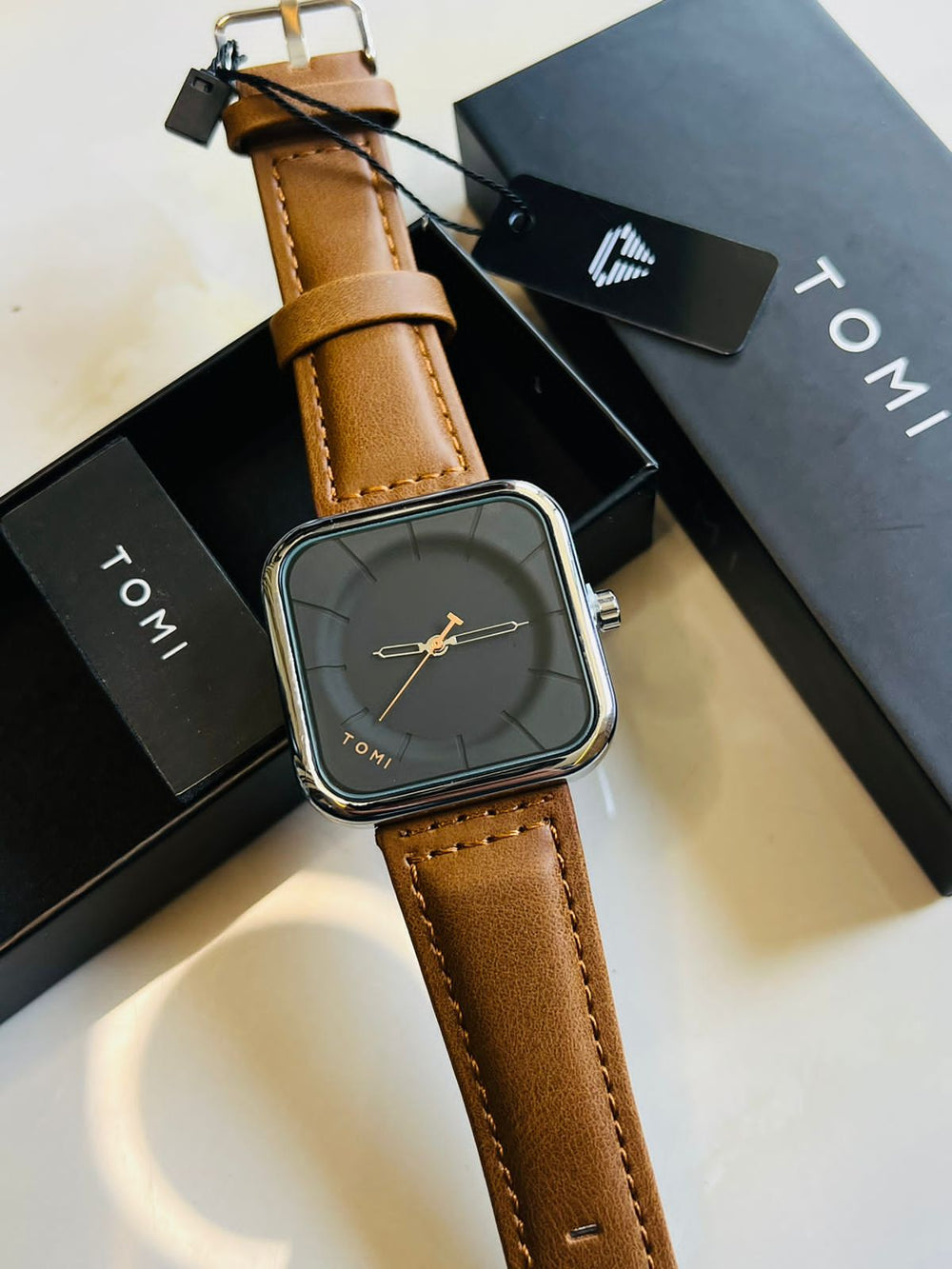 TOMI T-093 Men’s Square Dial Leather Strap Watch – Quartz, Water-Resistant
