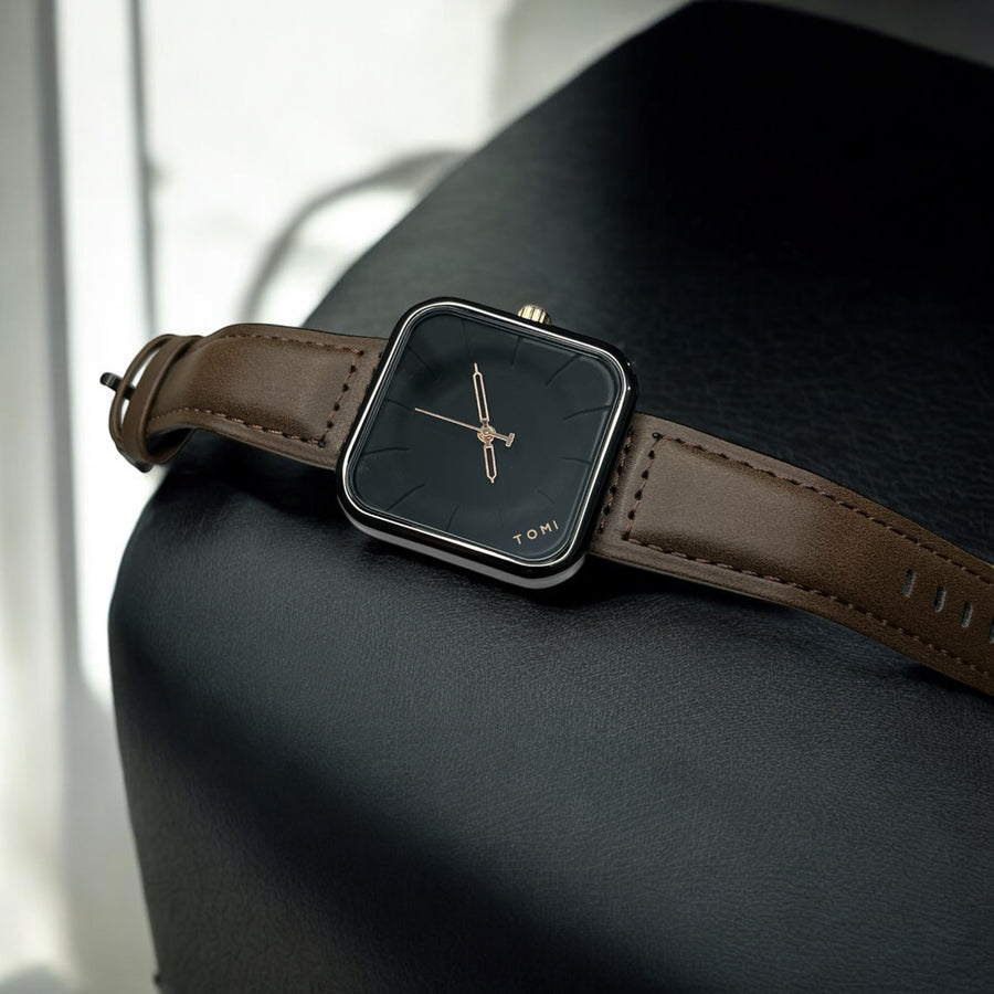 TOMI T-093 Men’s Square Dial Leather Strap Watch – Quartz, Water-Resistant