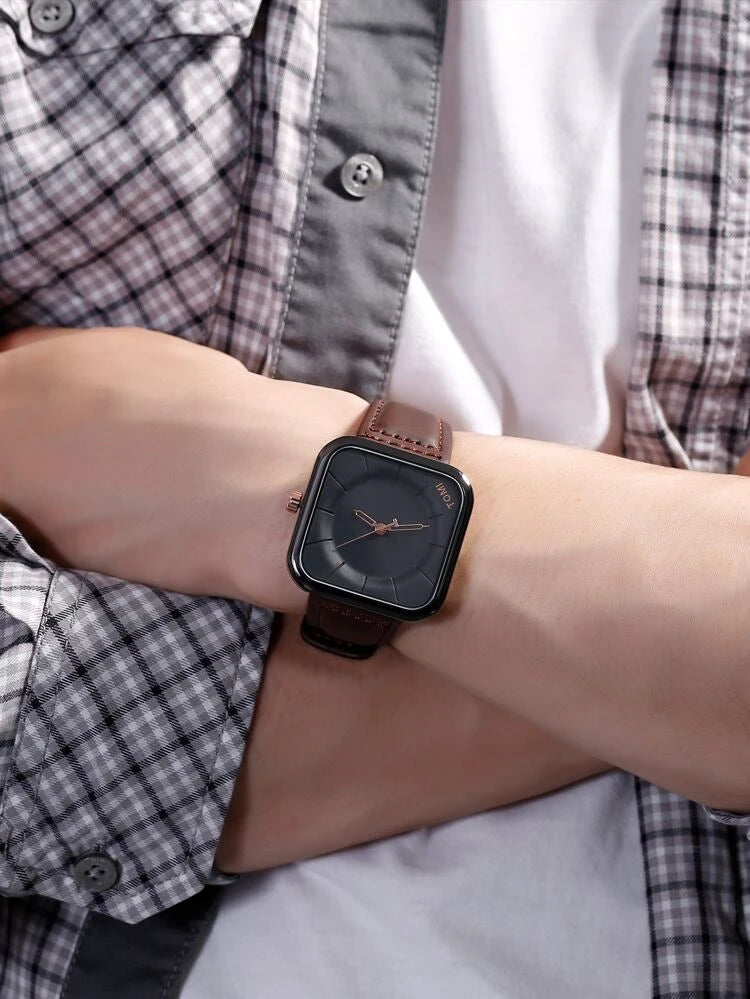 TOMI T-093 Men’s Square Dial Leather Strap Watch – Quartz, Water-Resistant