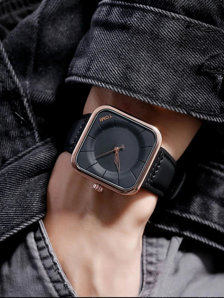 TOMI T-093 Men’s Square Dial Leather Strap Watch – Quartz, Water-Resistant