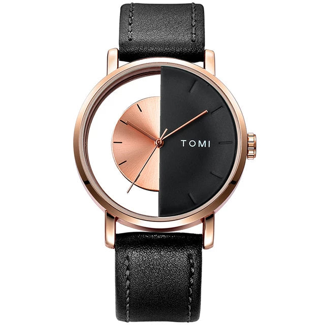 TOMI T-080 Unisex Watch – Half Transparent Dial, Leather Strap, Quartz | storeapna