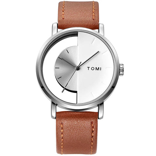 TOMI T-080 Unisex Watch – Half Transparent Dial, Leather Strap, Quartz | storeapna