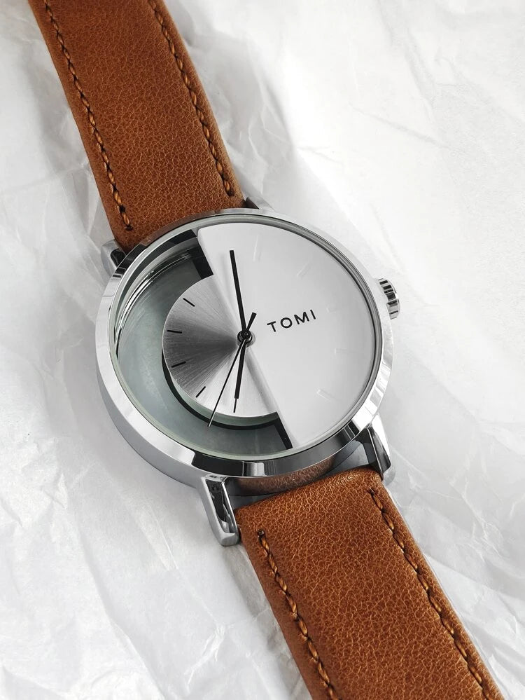 TOMI T-080 Unisex Watch – Half Transparent Dial, Leather Strap, Quartz | storeapna