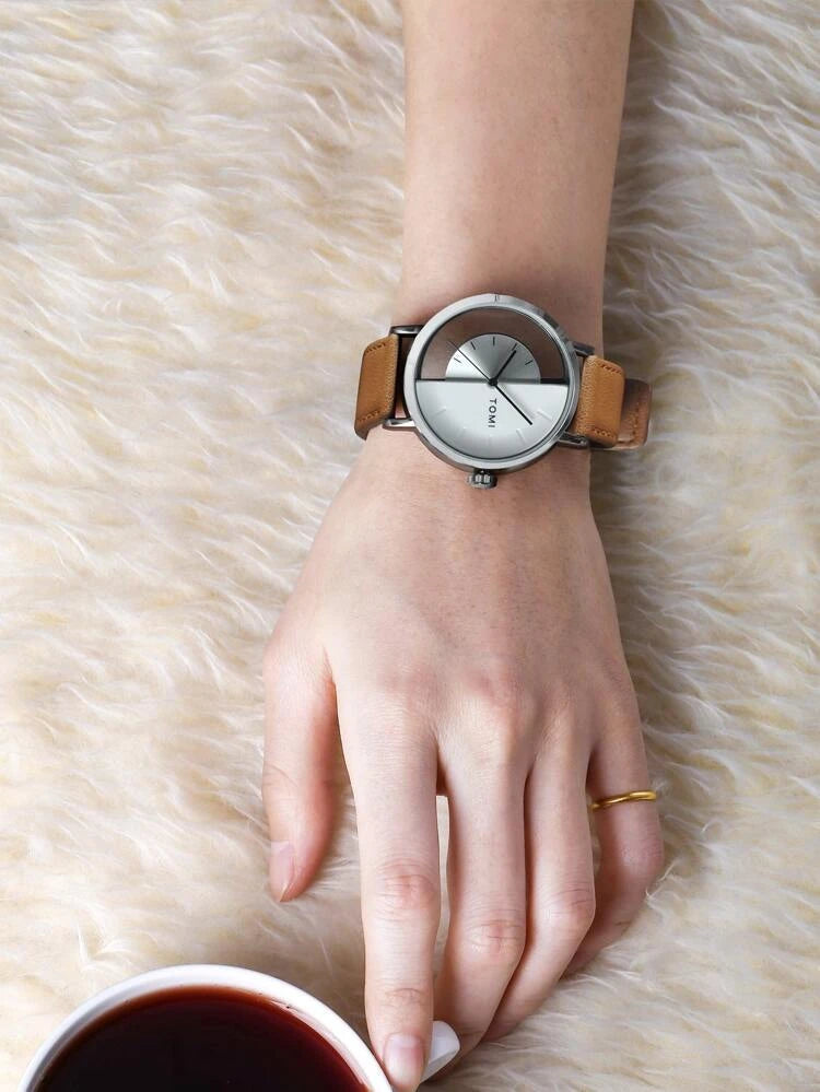 TOMI T-080 Unisex Watch – Half Transparent Dial, Leather Strap, Quartz | storeapna