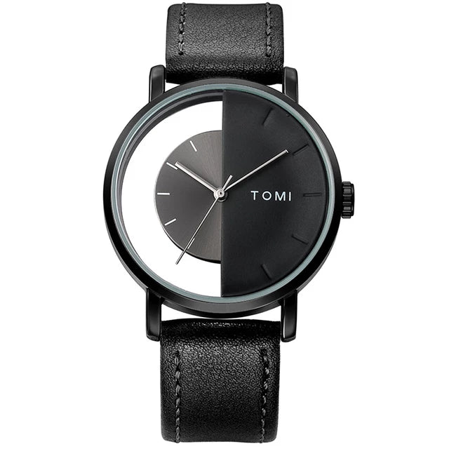 TOMI T-080 Unisex Watch – Half Transparent Dial, Leather Strap, Quartz | storeapna