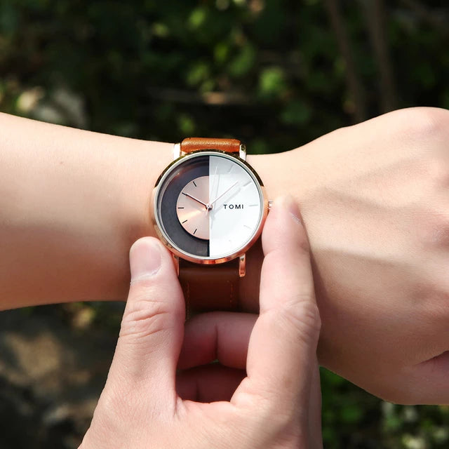 TOMI T-080 Unisex Watch – Half Transparent Dial, Leather Strap, Quartz | storeapna
