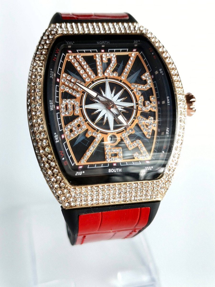 Luxury Iced - Out Men’s Watch – Black Dial, Red Strap | storeapna - StoreApna