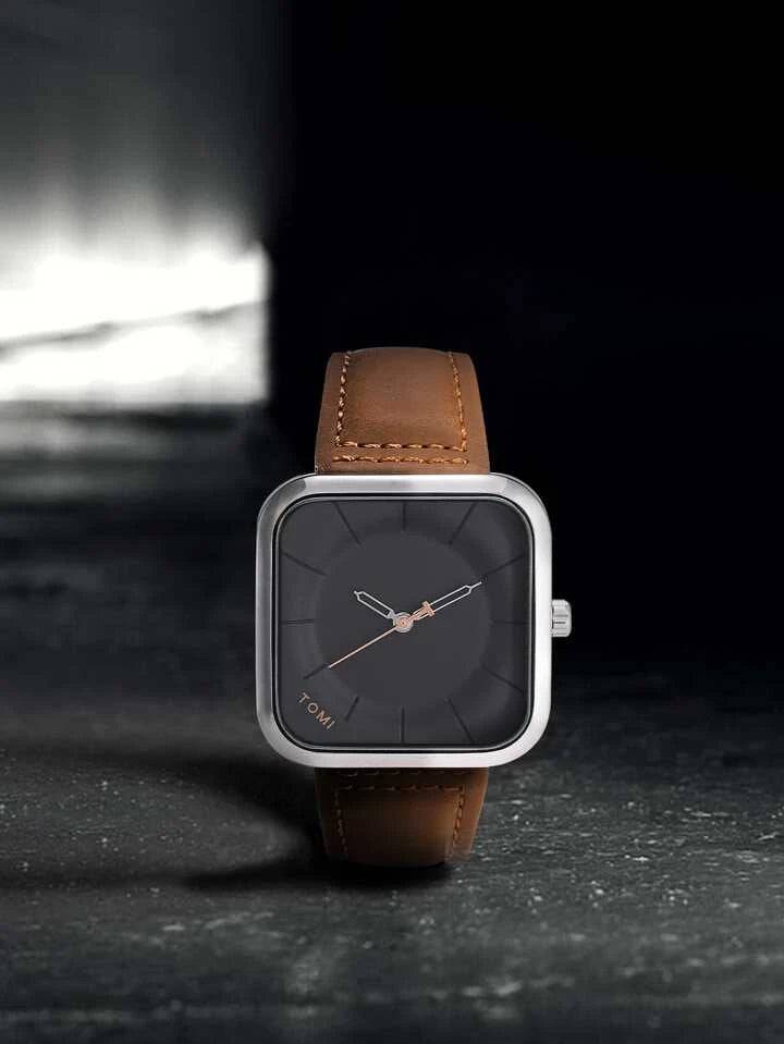 TOMI T - 093 Men’s Square Dial Leather Strap Watch – Quartz, Water - Resistant - StoreApna