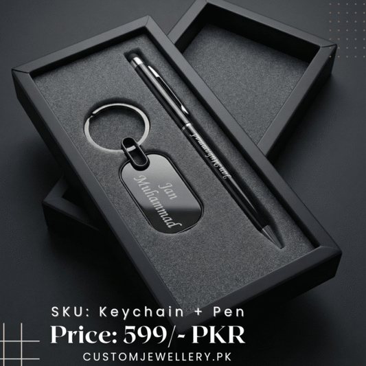 Personalized name engraved keychain and pen gift set in premium black box