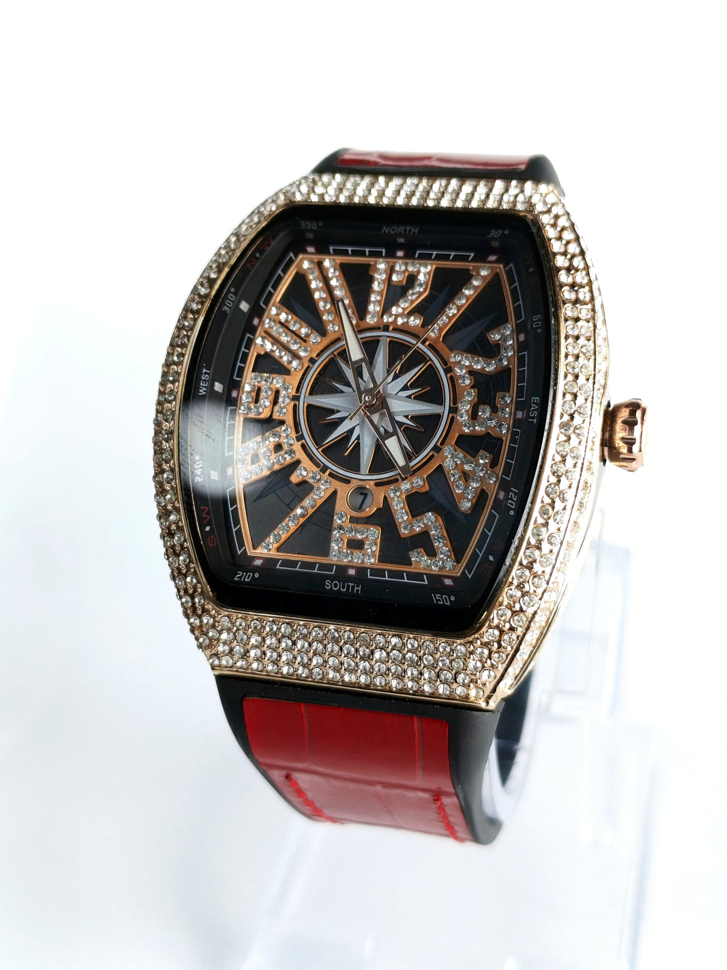 Luxury Iced-Out Men’s Watch – Black Dial, Red Strap | storeapna