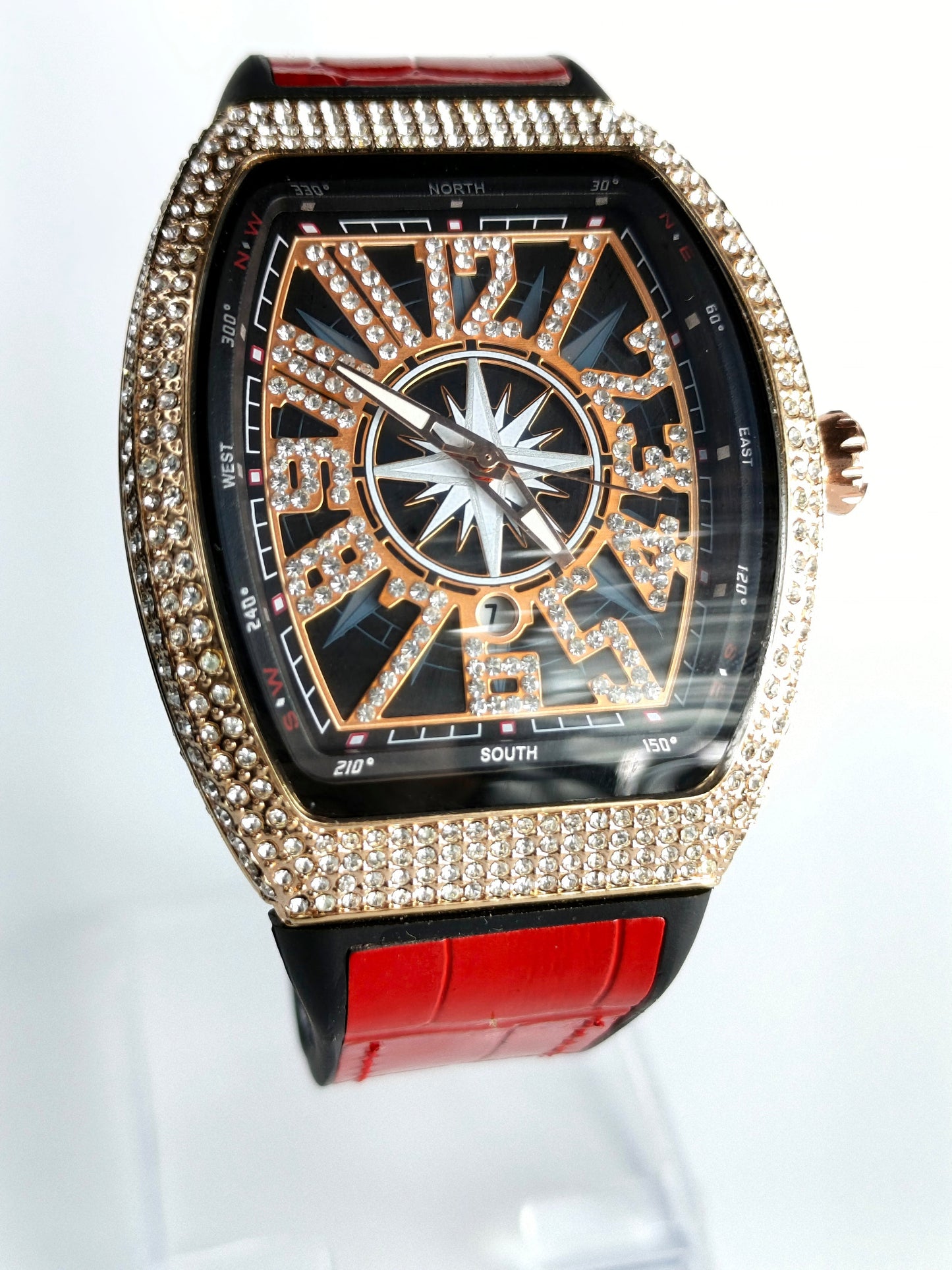 Luxury Iced-Out Men’s Watch – Black Dial, Red Strap | storeapna